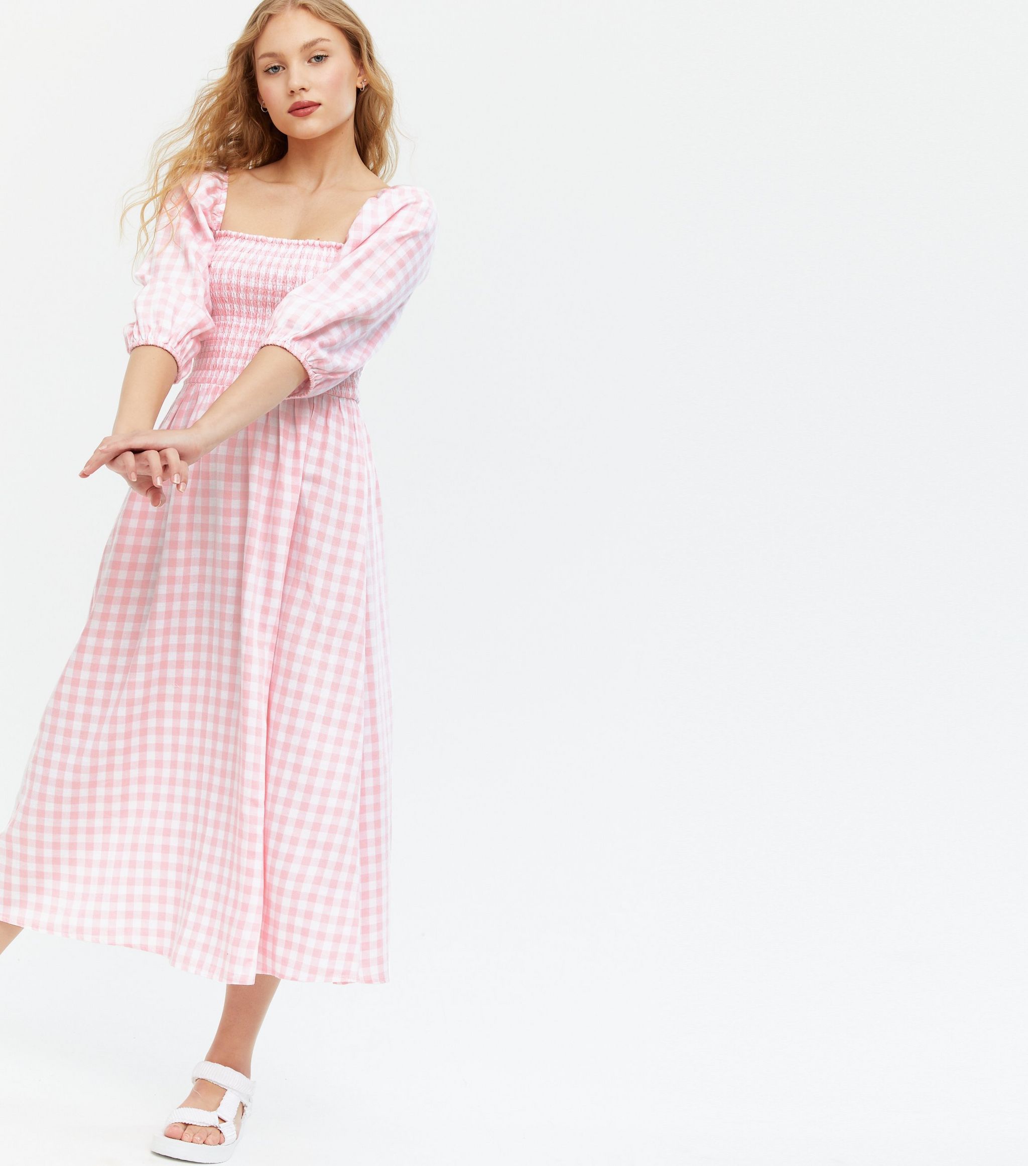 Pink Gingham Shirred Square Neck Midi Dress new look