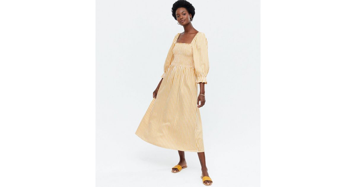 Yellow Gingham Shirred Square Neck Midi Dress