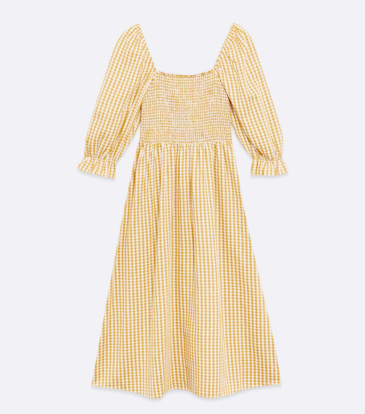Yellow Gingham Shirred Square Neck Midi Dress Image 5