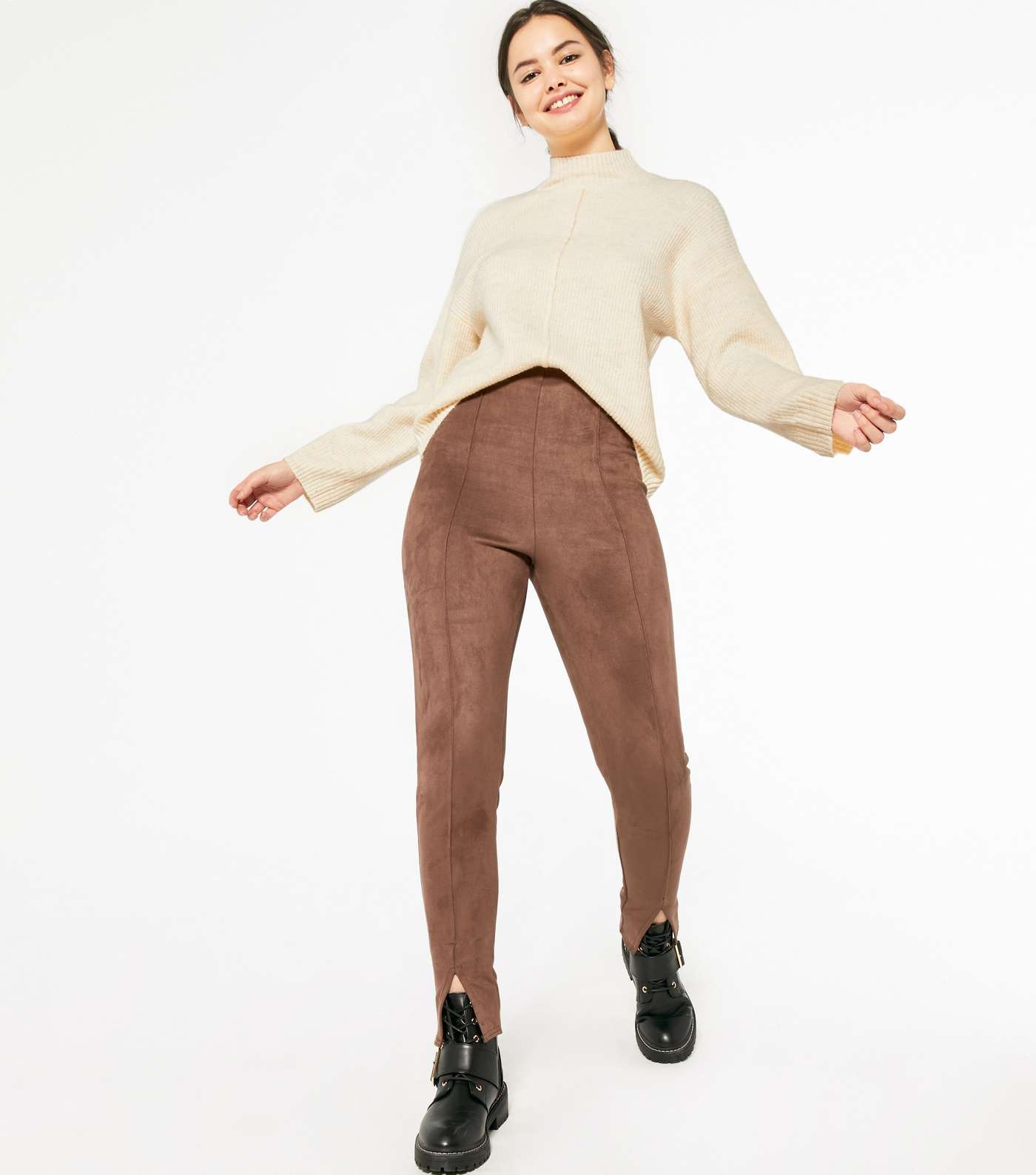 Pink Vanilla Brown Suedette Pintuck Trousers