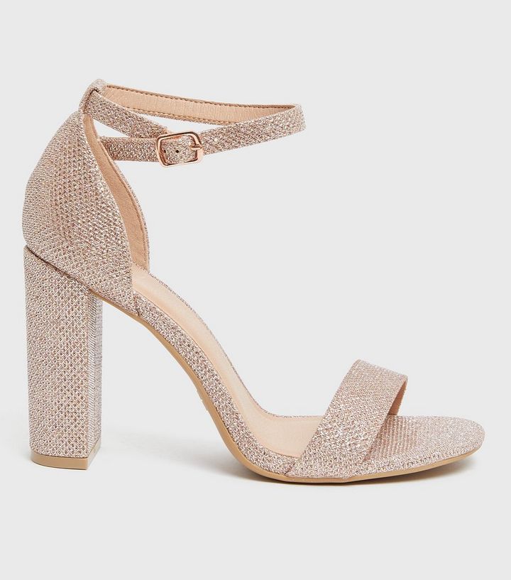 Wide Fit Rose Gold Glitter Part Block Heel Sandals | New Look