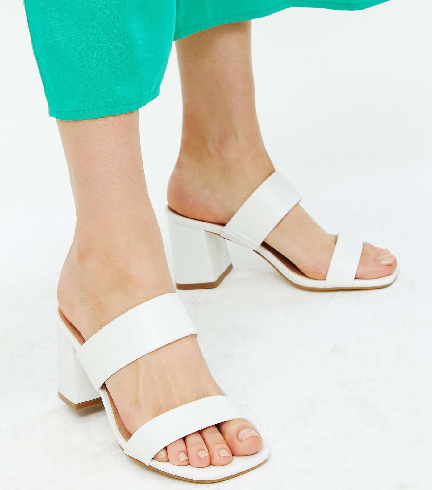 Wide Fit White Double Strap Block Heel Mules Image 2