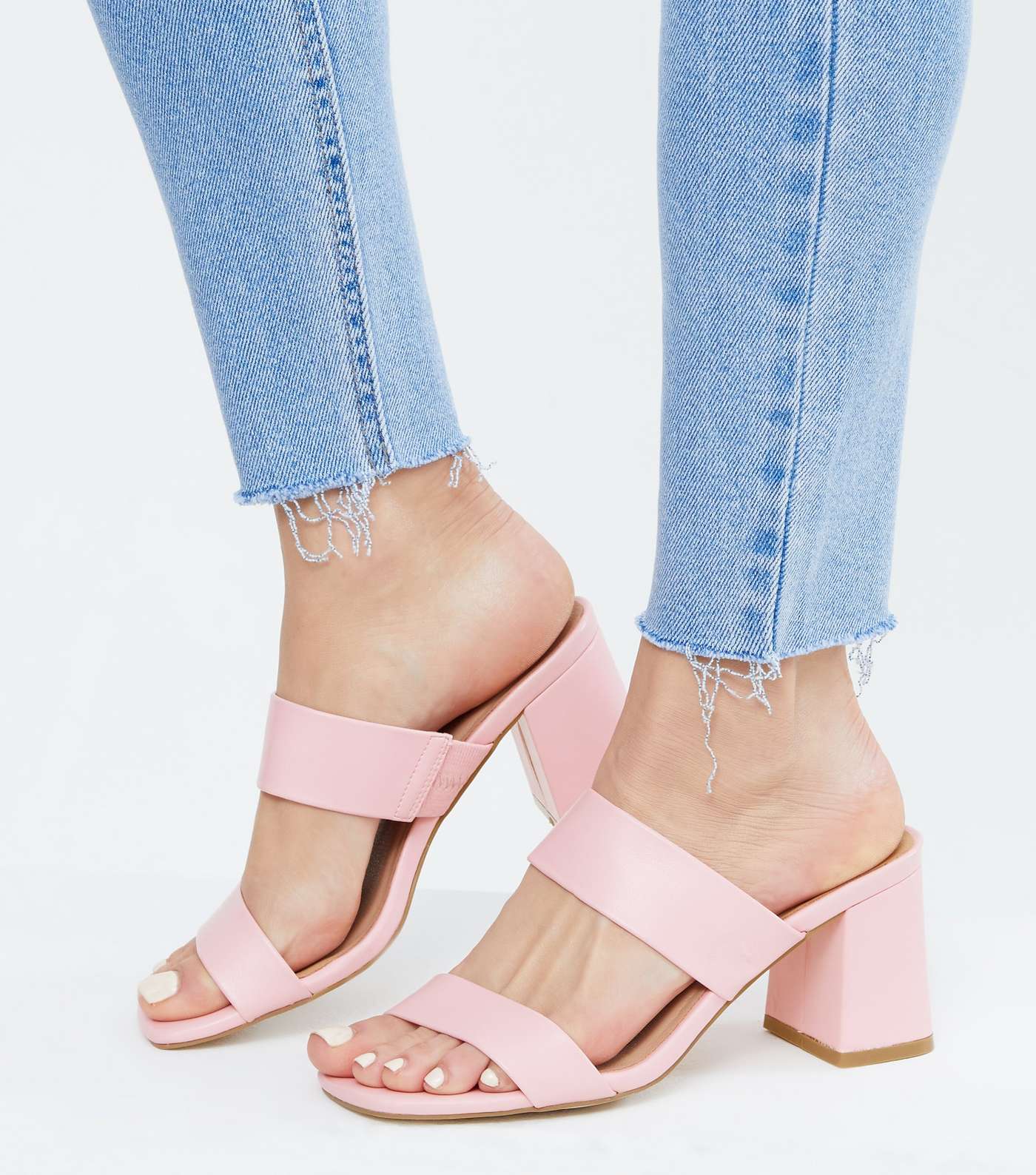 Wide Fit Pink Double Strap Block Heel Mules Image 2