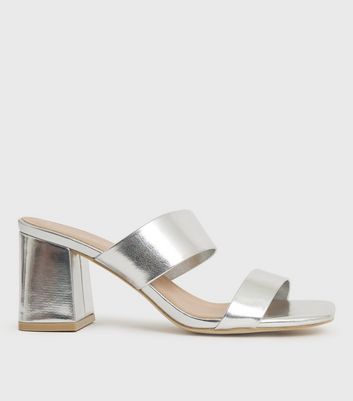 Wide Fit Silver Double Strap Block Heel Mules New Look Vegan