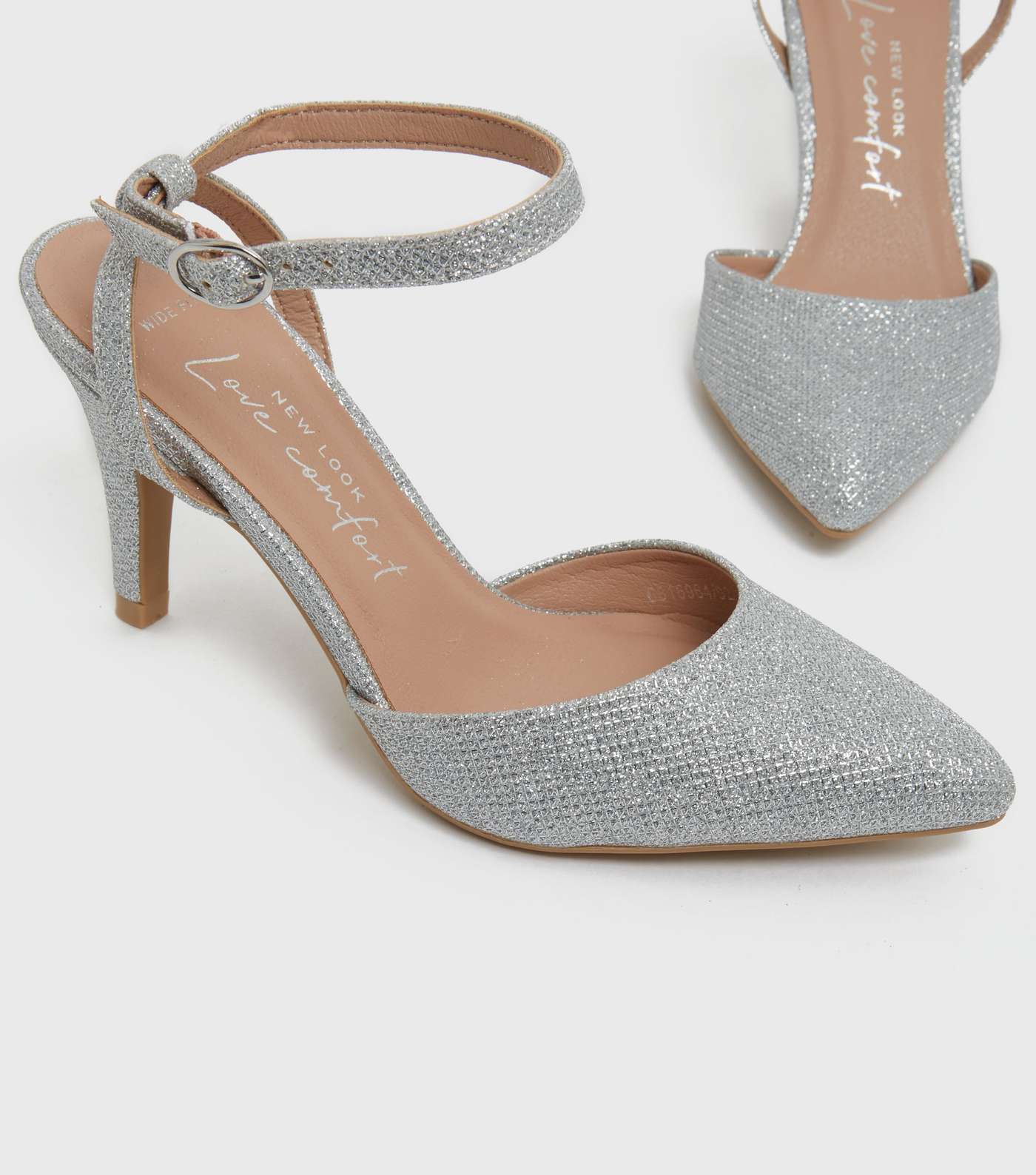 Wide Fit Silver Glitter Pointed Court Shoes Image 3