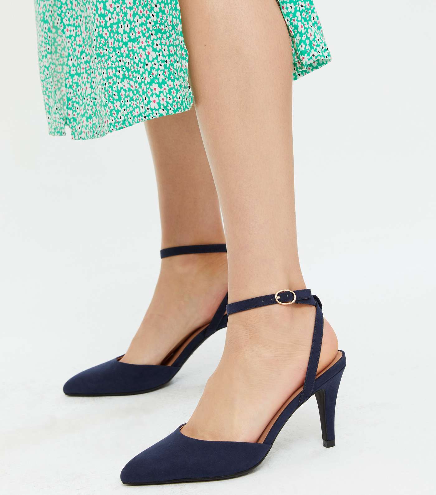 Wide Fit Navy Suedette Pointed Court Shoes Image 2