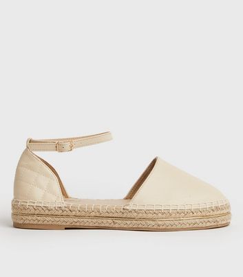 Off White Leather-Look Quilted Espadrille Sandals