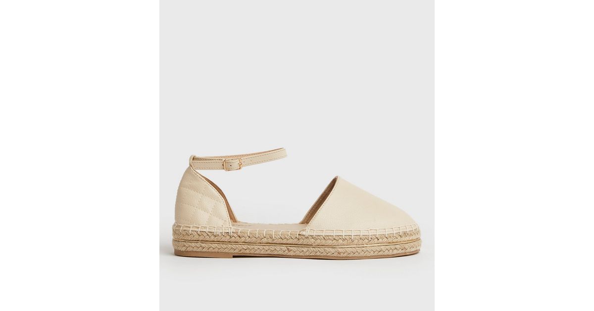 Off White Leather-Look Quilted Espadrille Sandals