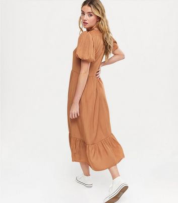 Urban Bliss Tan Puff Sleeve Smock Midi 