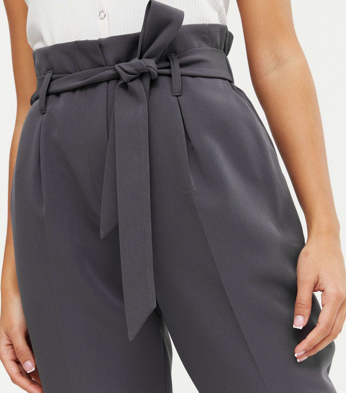 Petite Dark Grey High Tie Waist Trousers Image 3
