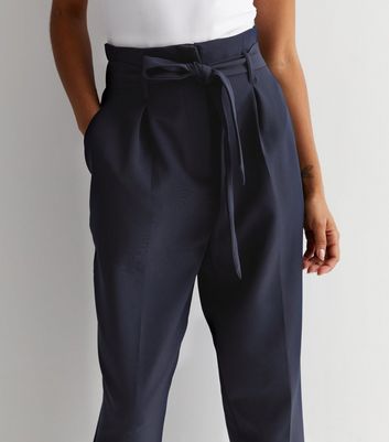 Petite Navy High Tie Waist Trousers