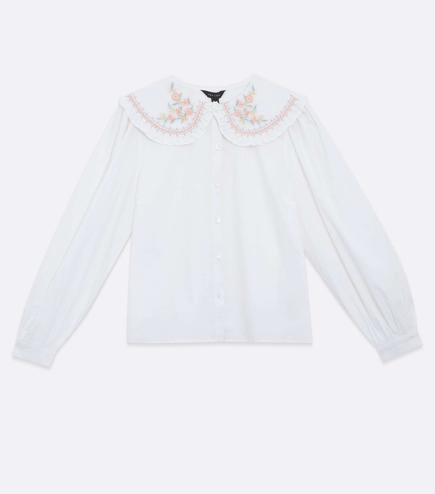 White Floral Embroidered Collar Puff Sleeve Shirt Image 5
