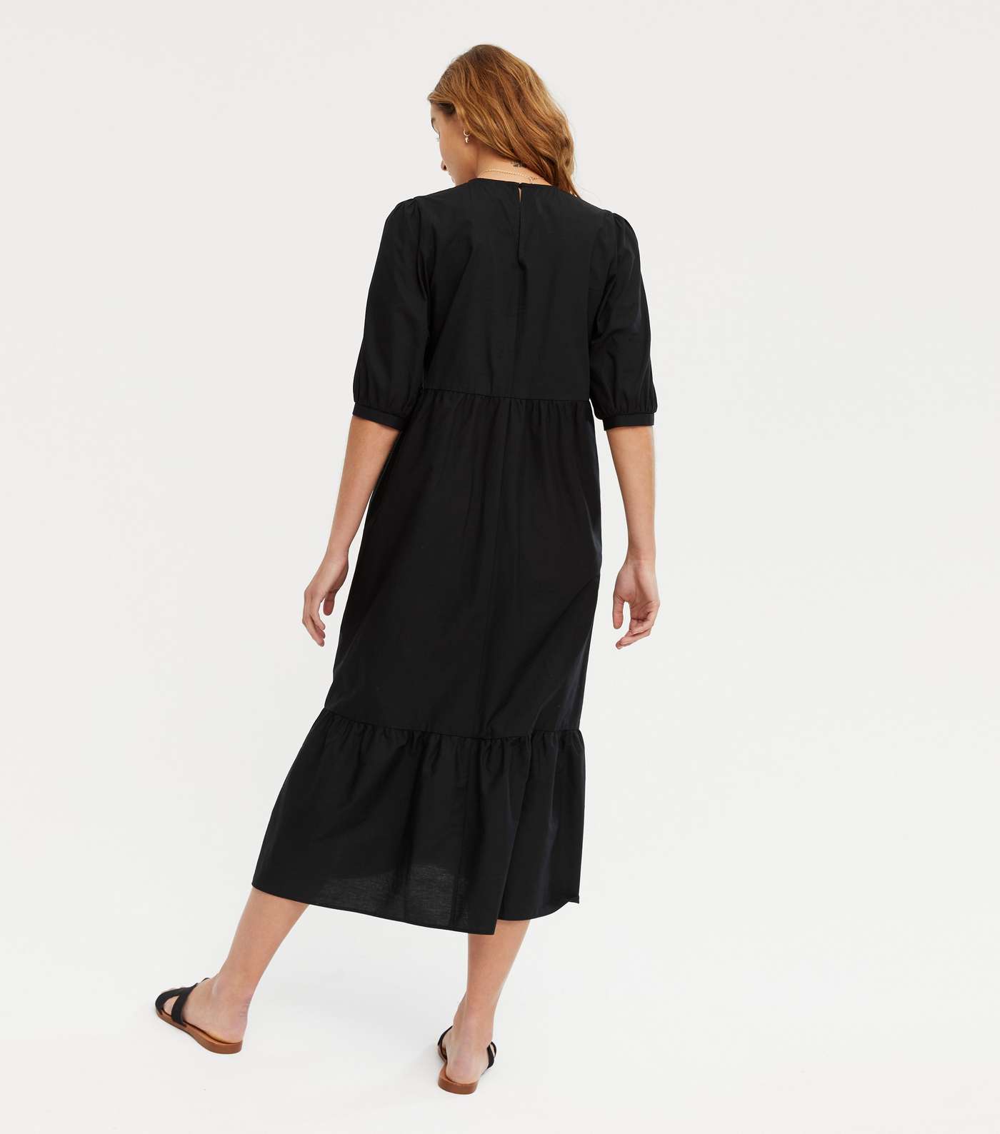 Black Poplin Puff Sleeve Midi Dress Image 4
