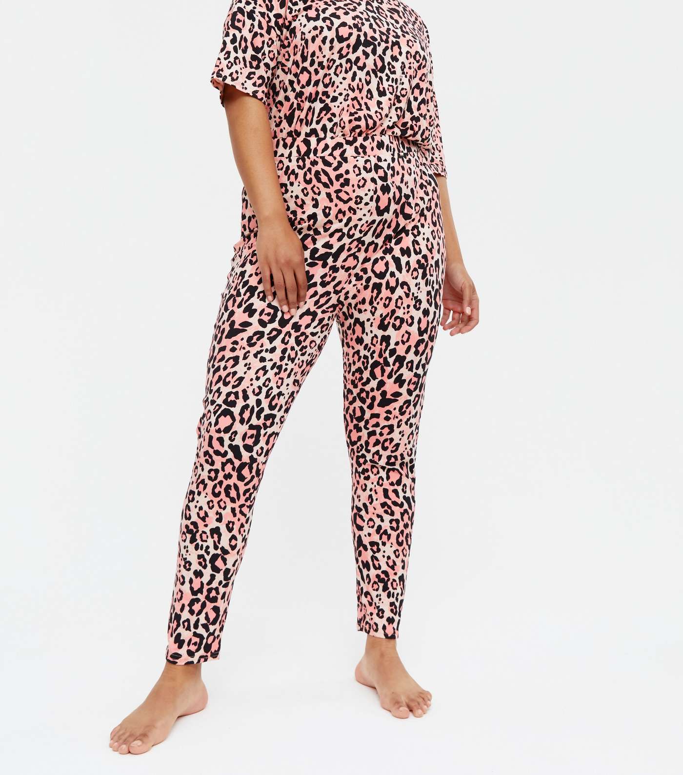 Curves Pink Leopard Print Soft Touch Pyjama Set Image 3