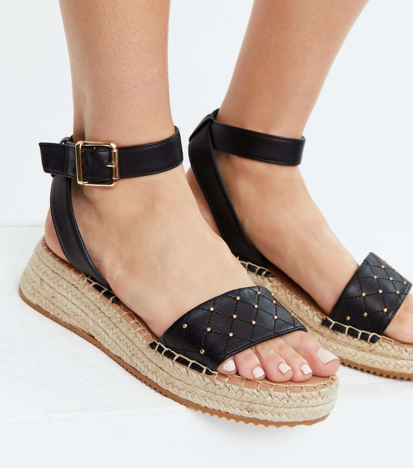 Black Quilted Espadrille Chunky Sandals Image 2