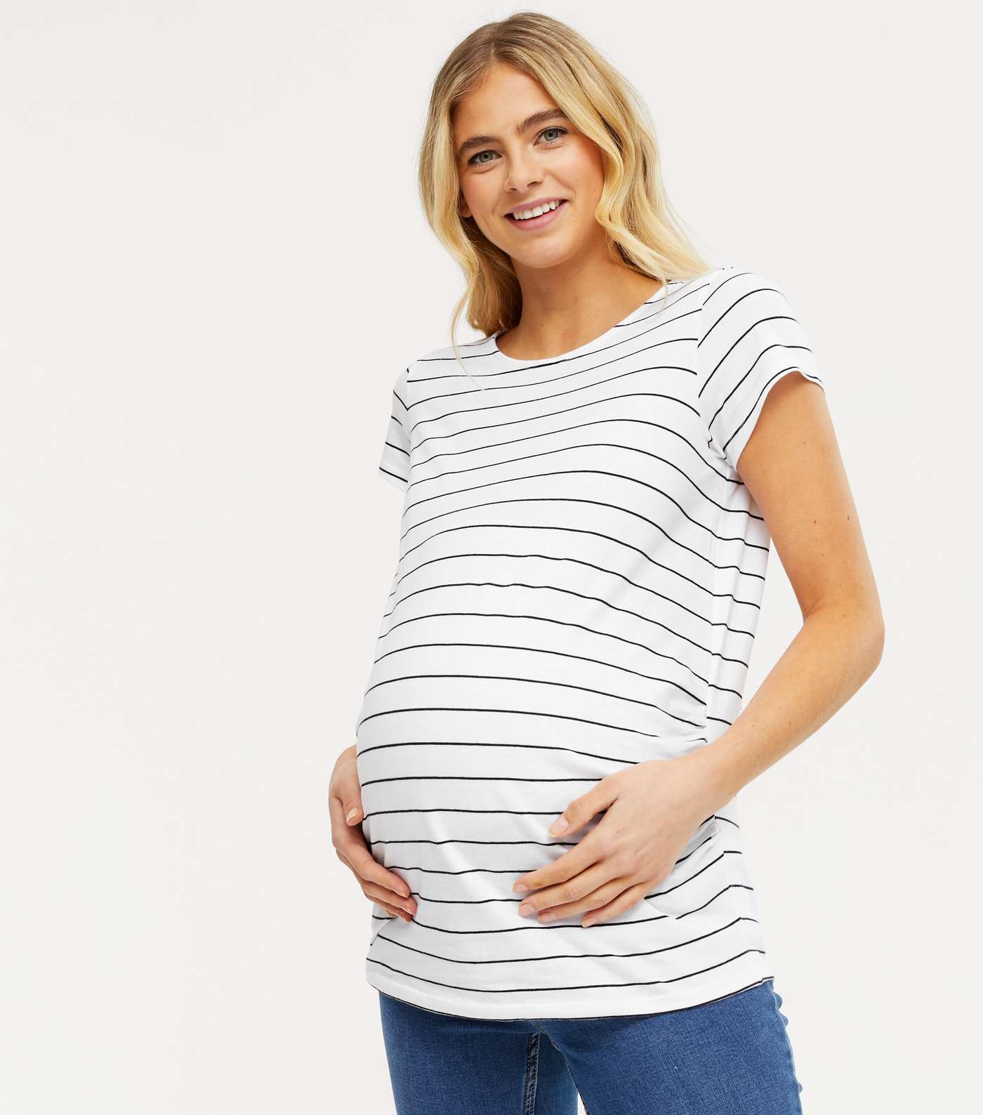 Maternity White Stripe Ruched Short Sleeve Top