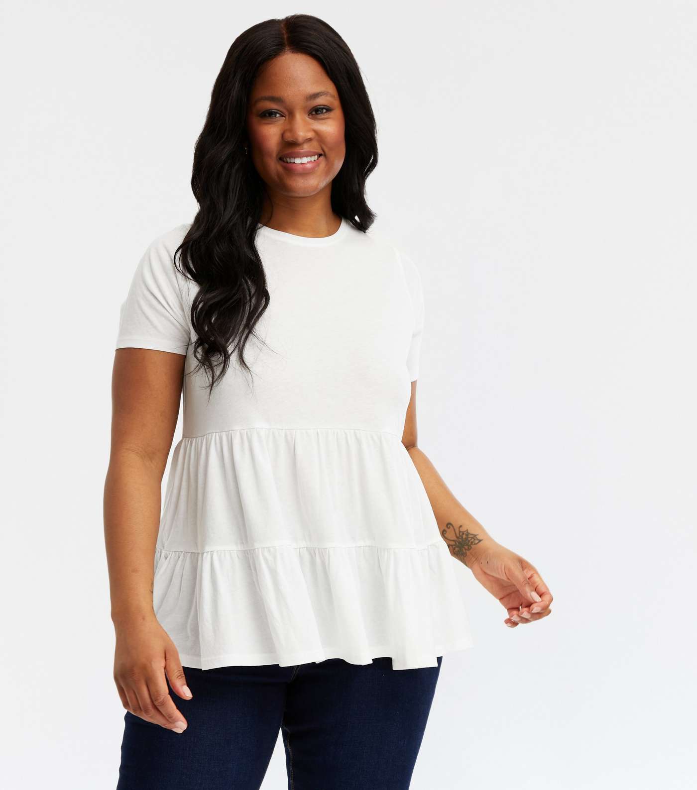 Curves Off White Tiered Peplum T-Shirt