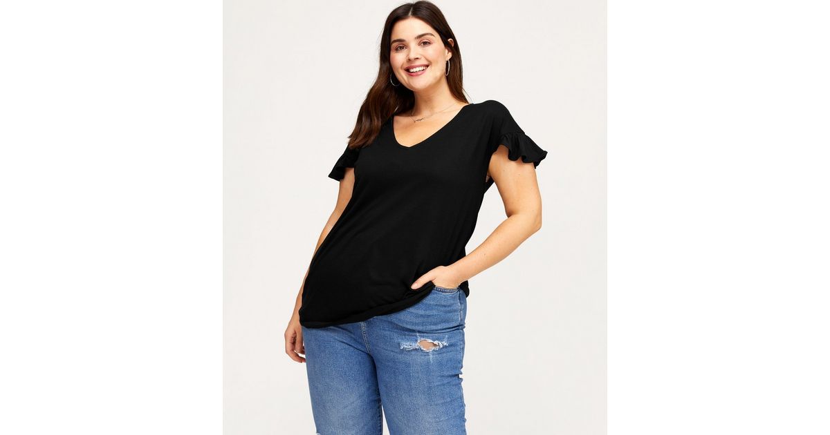 Curves Black Frill Sleeve Long T-Shirt | New Look