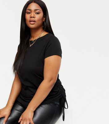Curves Black Ruched Tie Side T-Shirt 