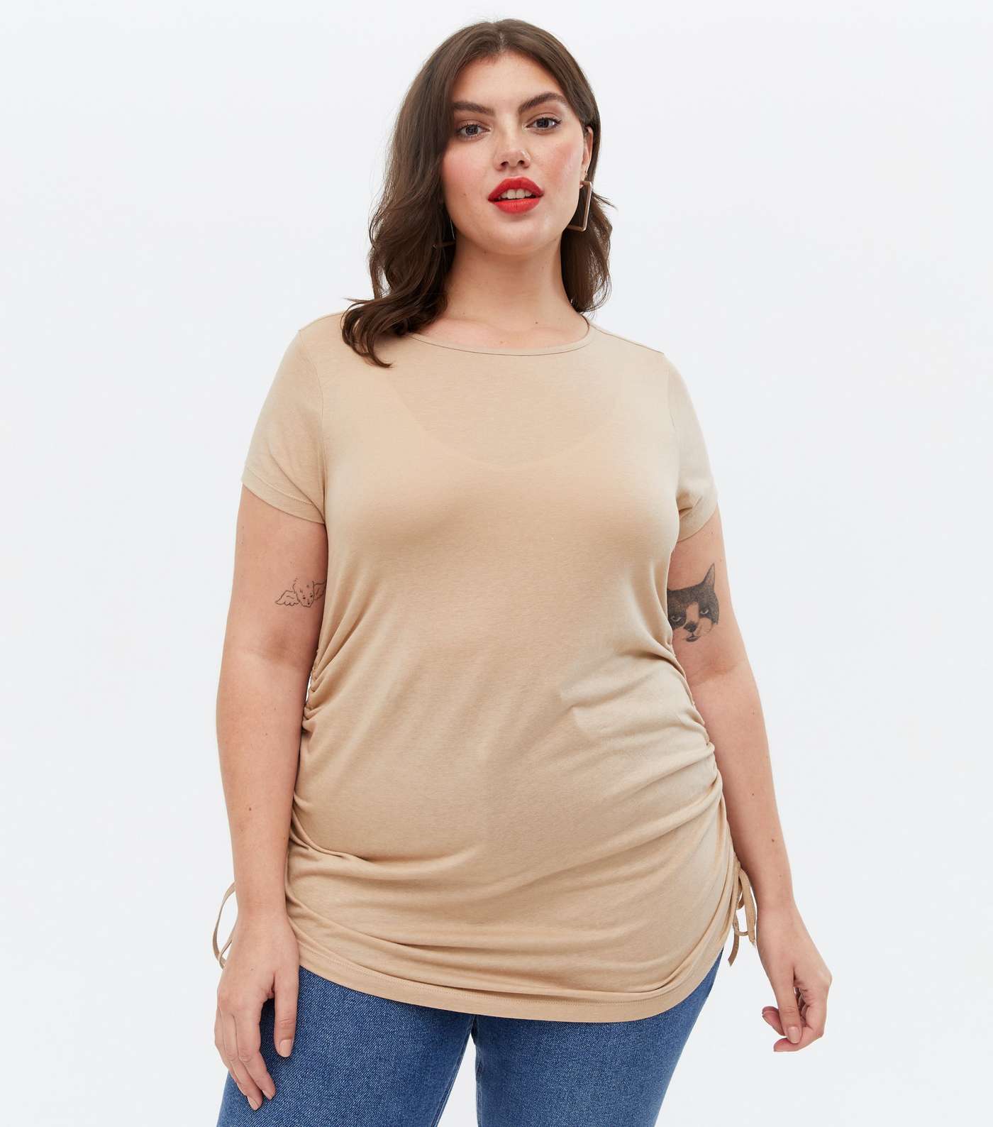 Curves Camel Ruched Tie Side Long T-Shirt