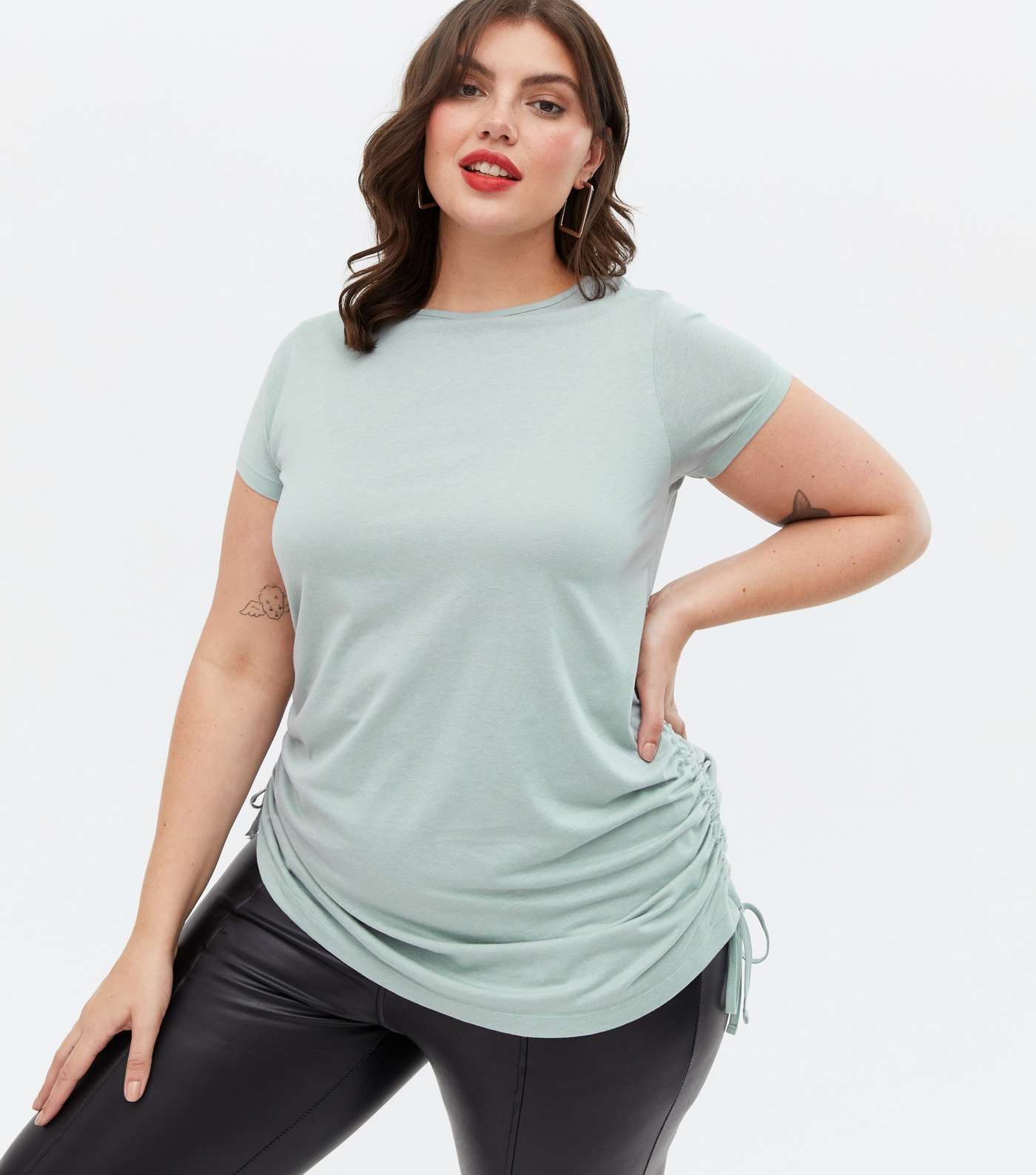 Curves Light Green Ruched Tie Side Long T-Shirt