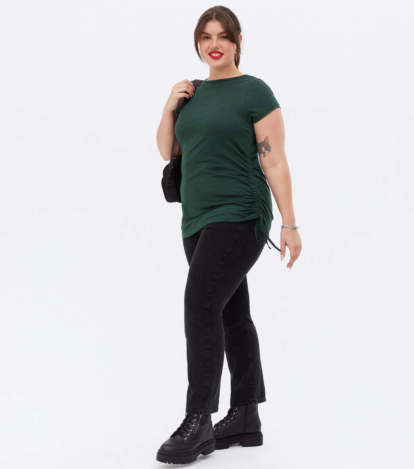 Curves Dark Green Ruched Tie Side Long T-Shirt Image 2