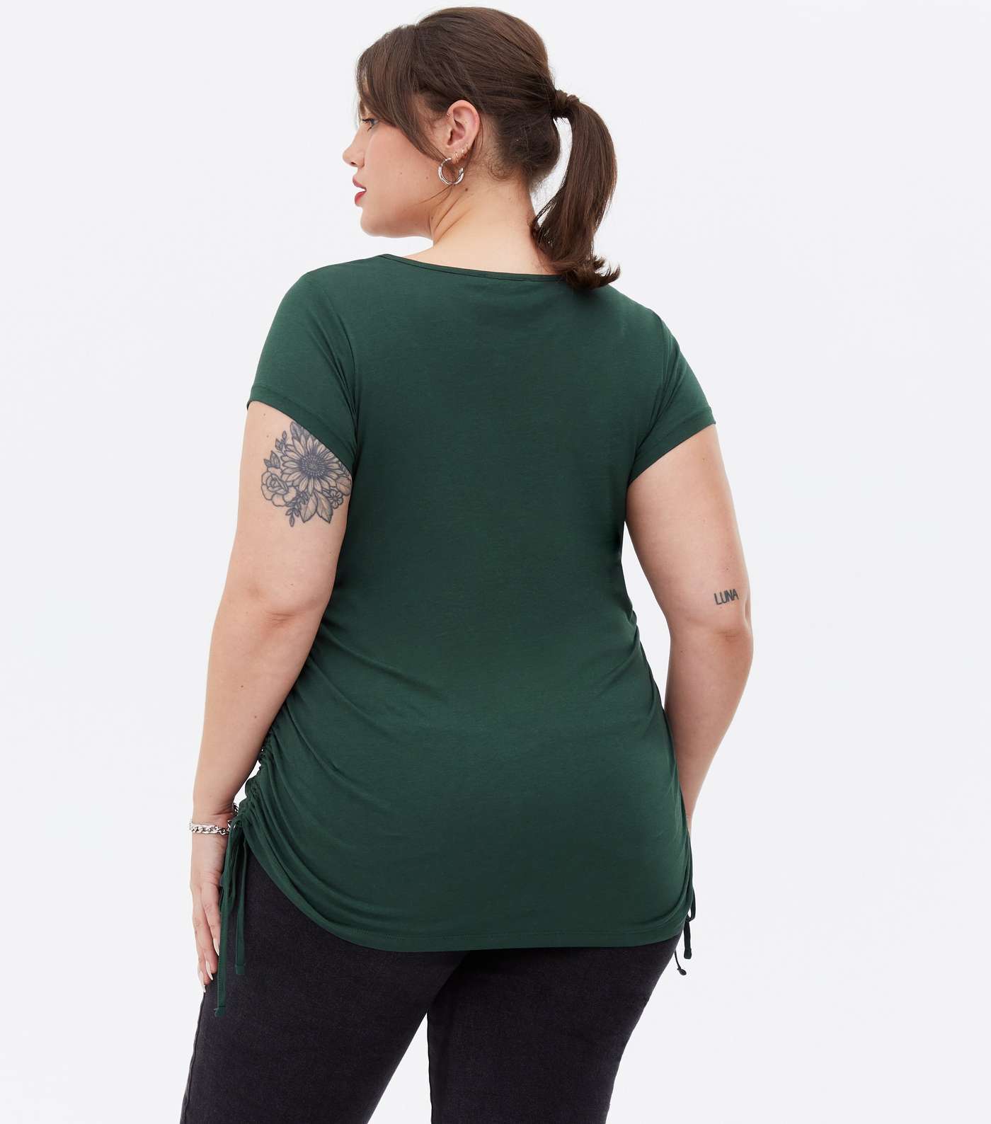 Curves Dark Green Ruched Tie Side Long T-Shirt Image 4