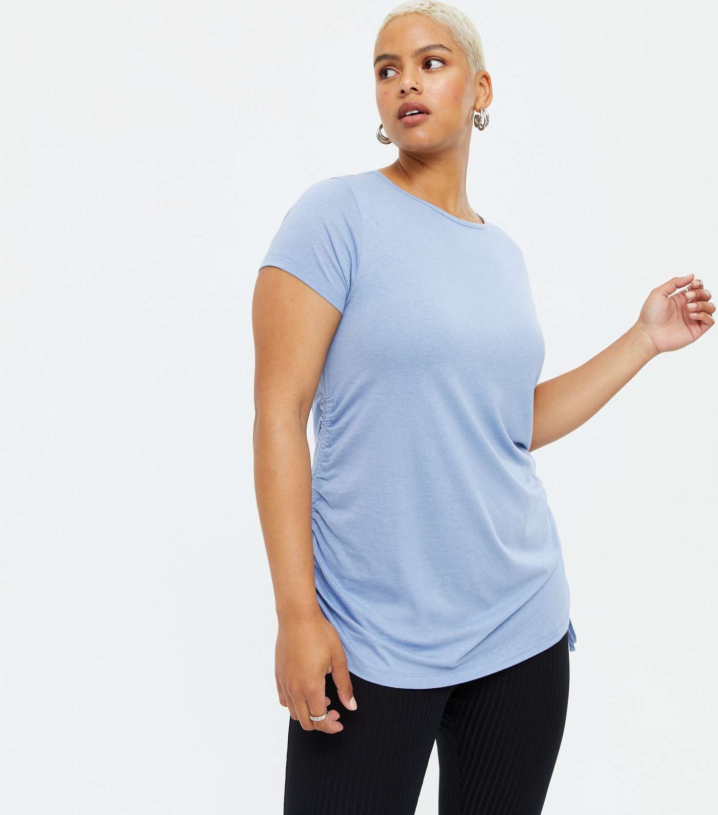Curves Bright Blue Ruched Tie Side T-Shirt Image 2