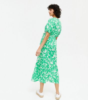 Green Floral Puff Sleeve Wrap Midi 