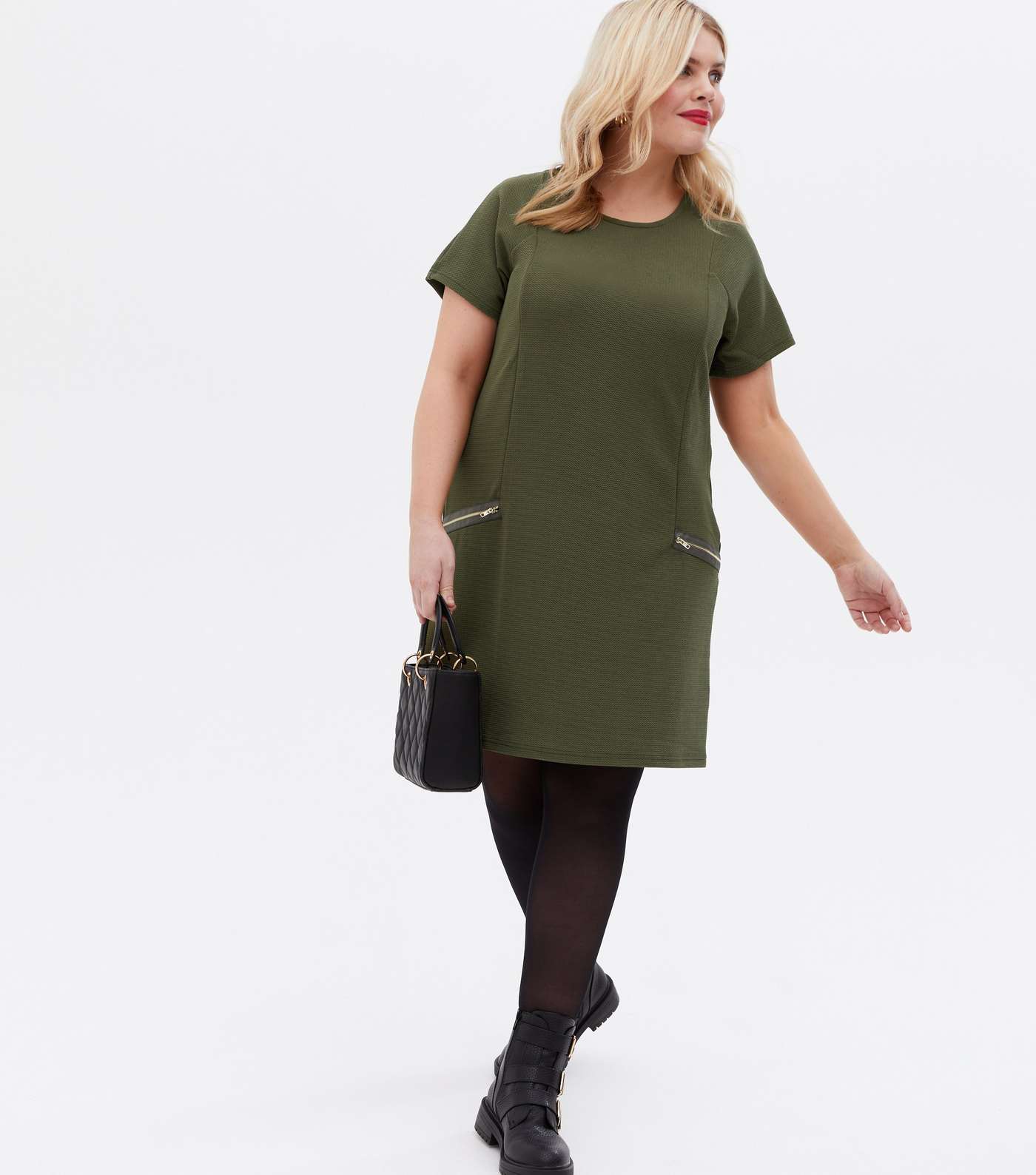 Mela Curves Olive Textured Zip Shift Dress