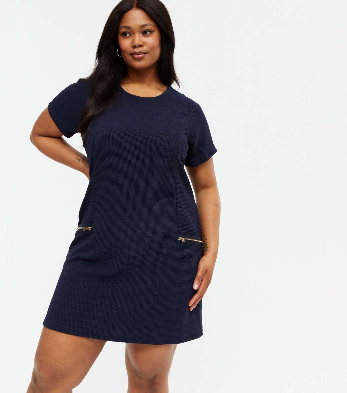 Mela Curves Navy Textured Zip Shift Dress
