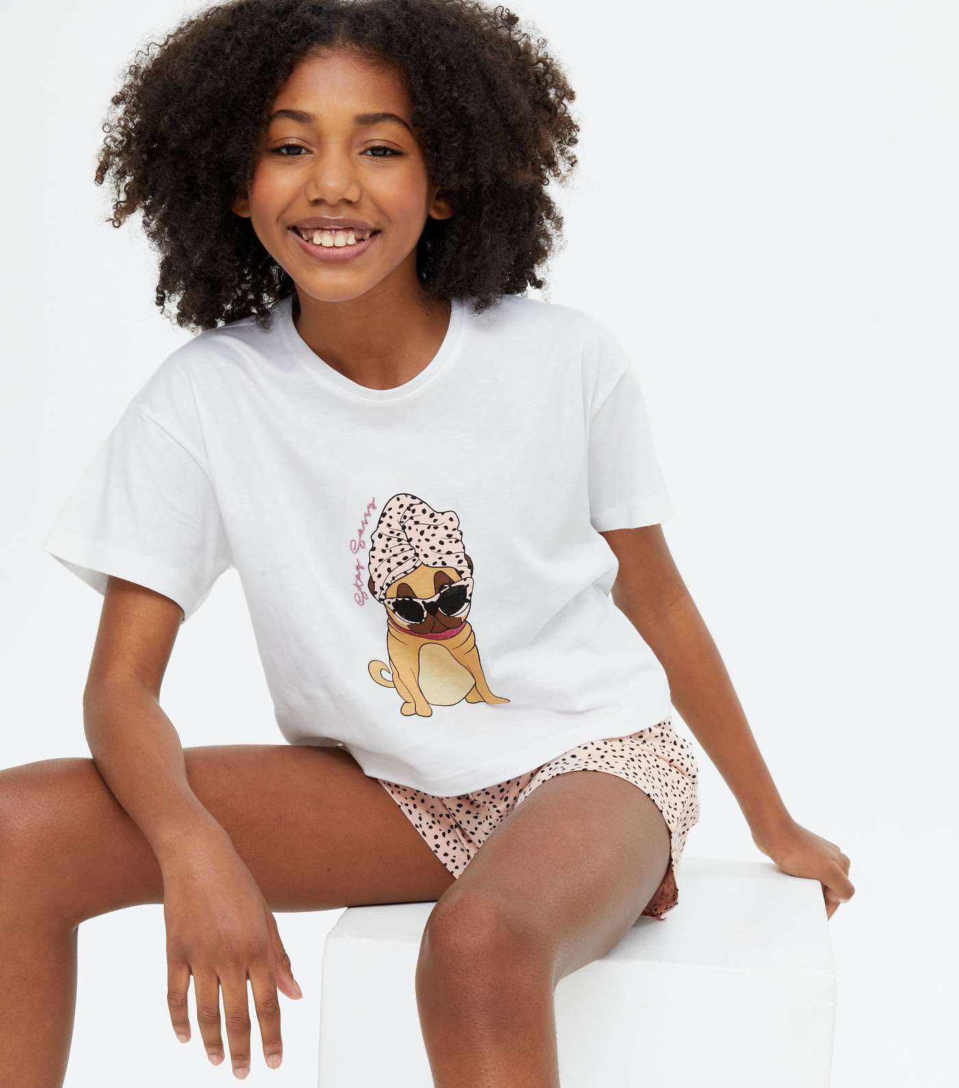 Girls White Stay Sassy Pug Logo Short Pyjama Set Image 2