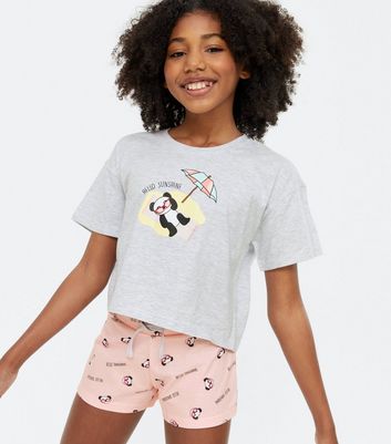 Girls Light Grey Panda Logo Short 