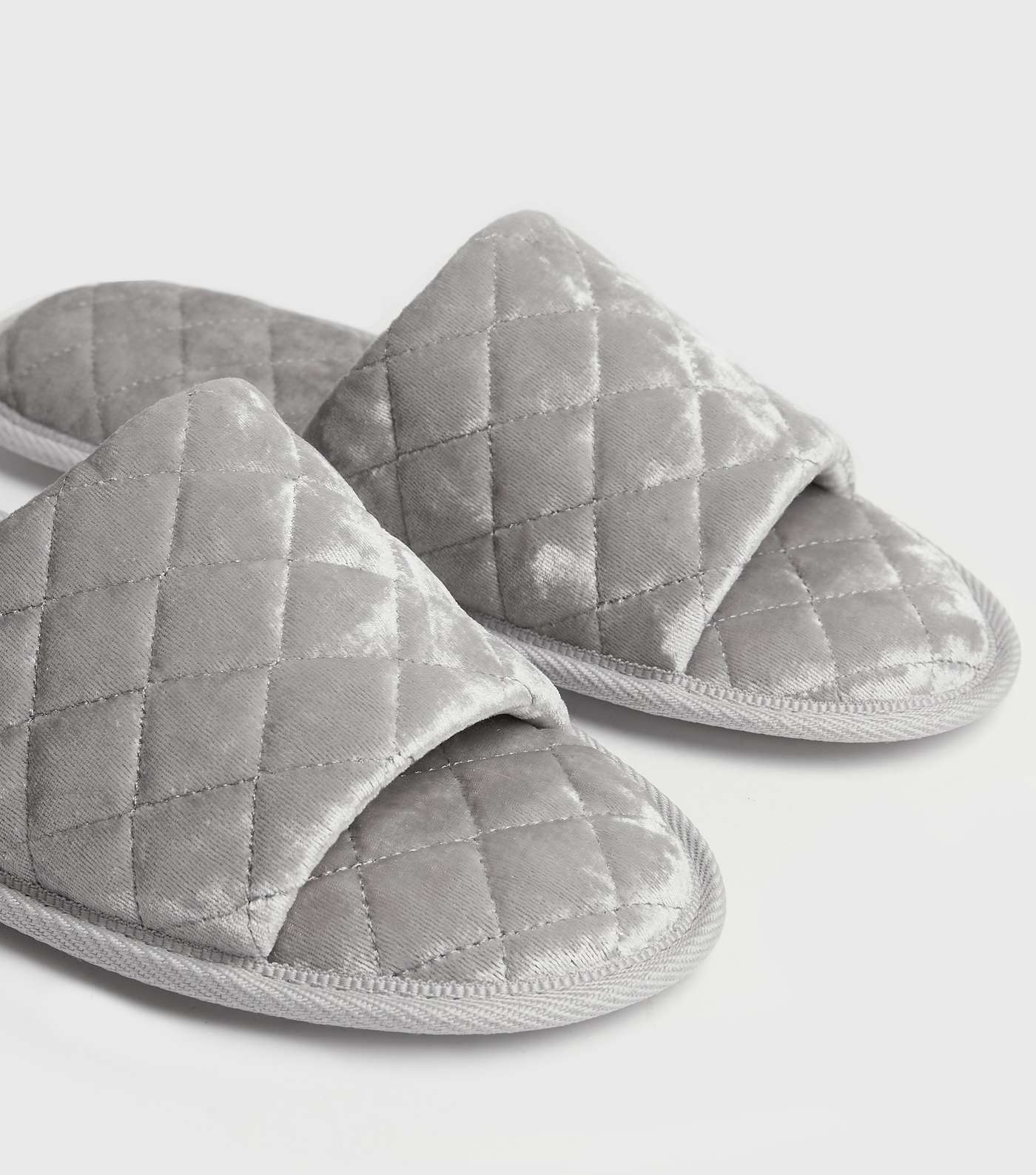 Grey Velvet Quilted Slider Slippers Image 4