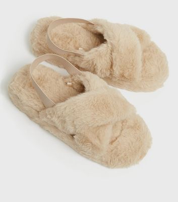 Camel Faux Fur Flatform Slingback Slider Slippers New Look