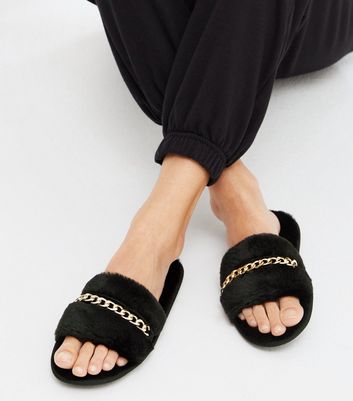 black faux fur slippers