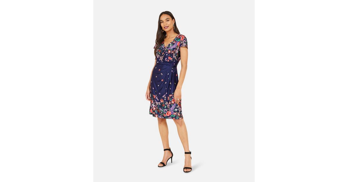 Yumi Navy Floral Satin Wrap Dress | New Look