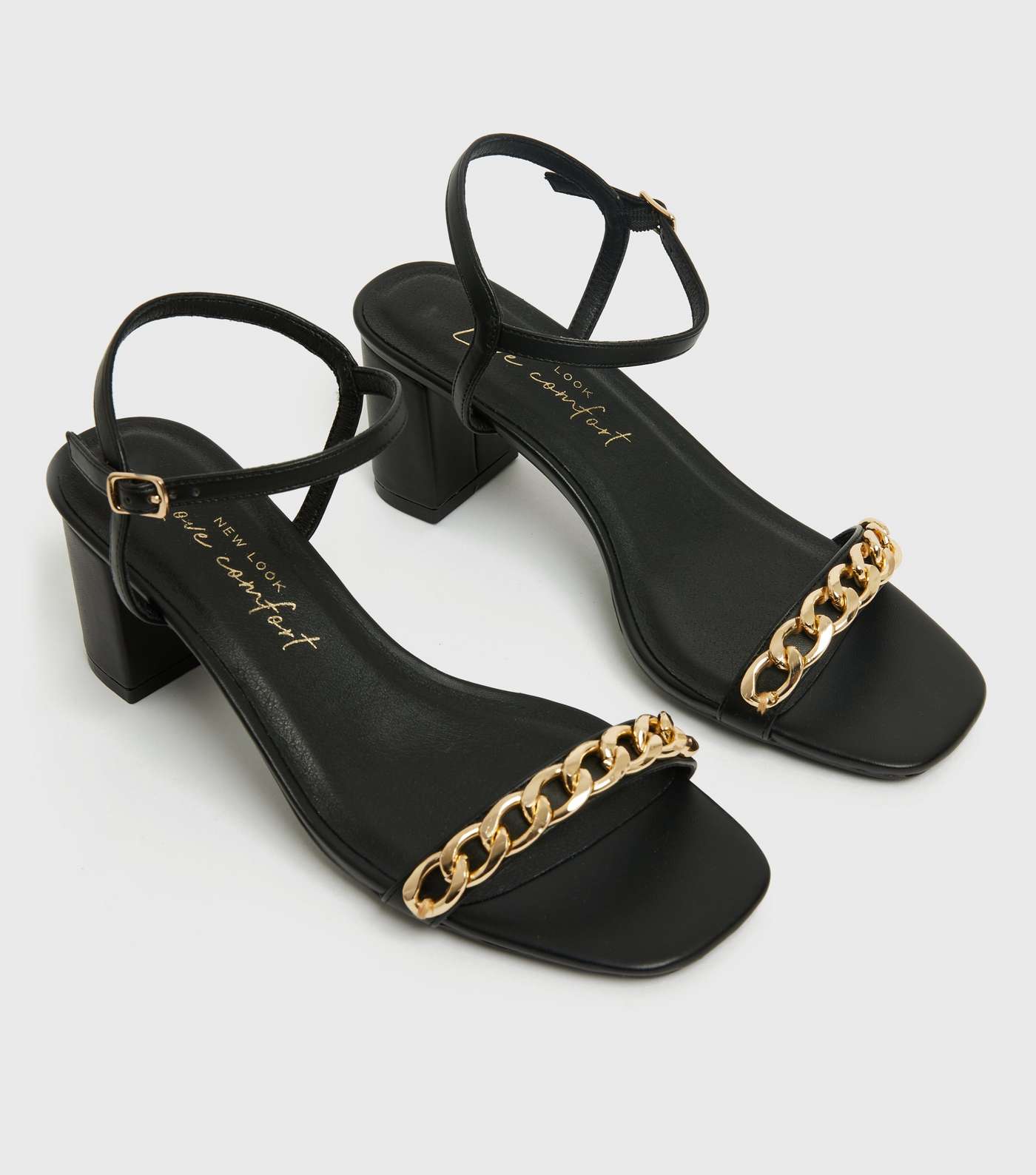 Black Leather-Look Chain Strap Block Heel Sandals Image 3