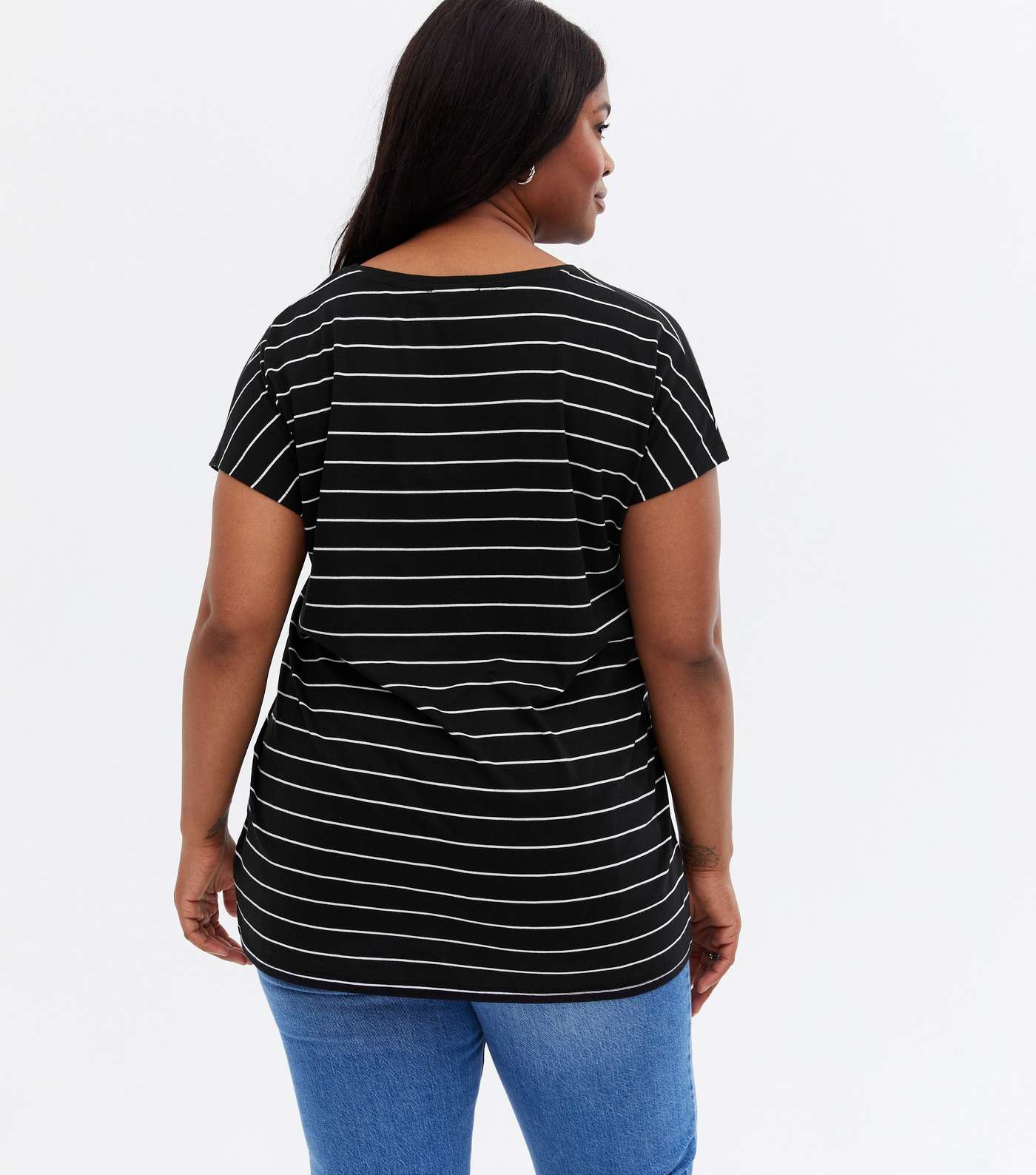 Curves Black Stripe V Neck T-shirt Image 4