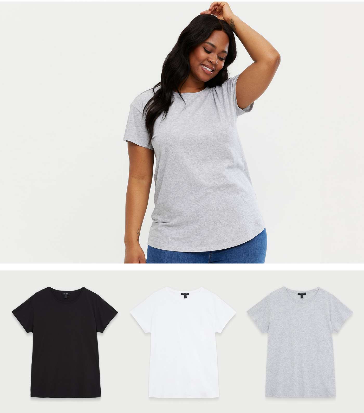Curves 3 Pack Grey Black and White Crew Neck T-Shirts