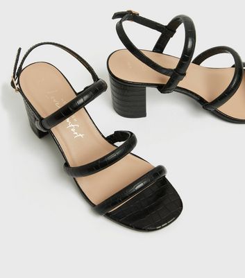 Black Faux Croc Tube Strap Block Heel Sandals | New Look