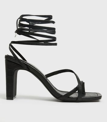 Black Faux Croc Toe Loop Ankle Tie 