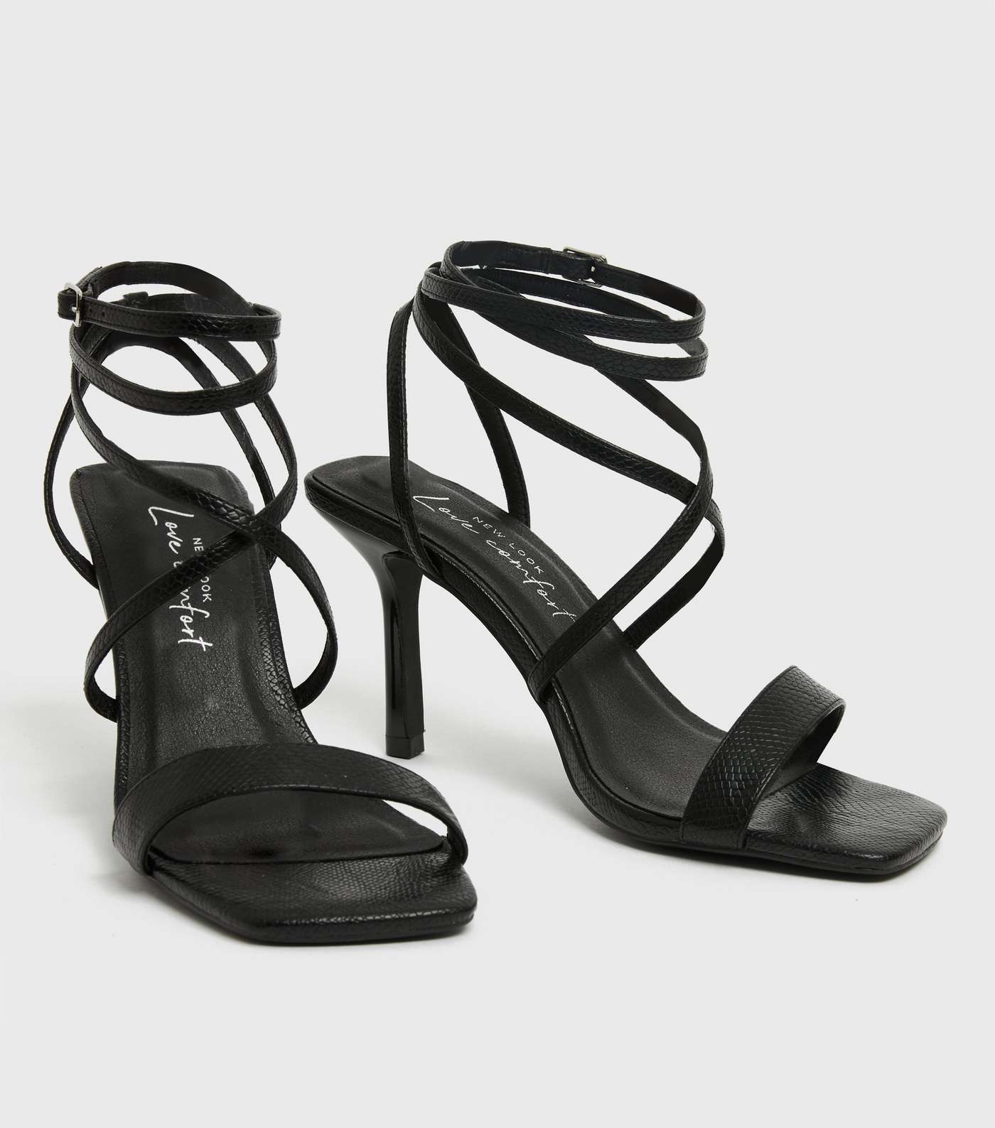 Black Faux Snake Strappy Stiletto Heel Sandals Image 3