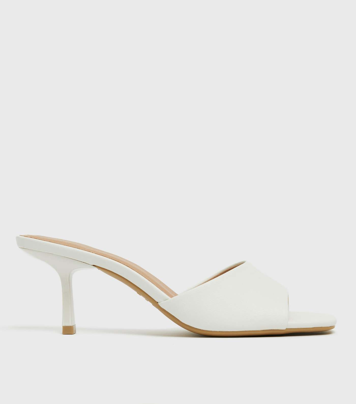 White Leather-Look Square Toe Kitten Heel Mules