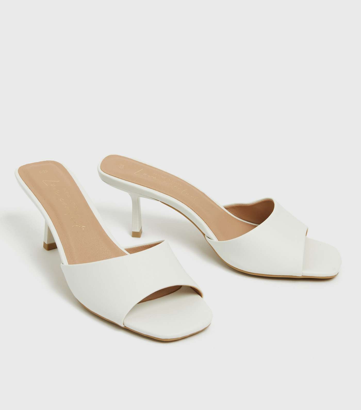 White Leather-Look Square Toe Kitten Heel Mules Image 3