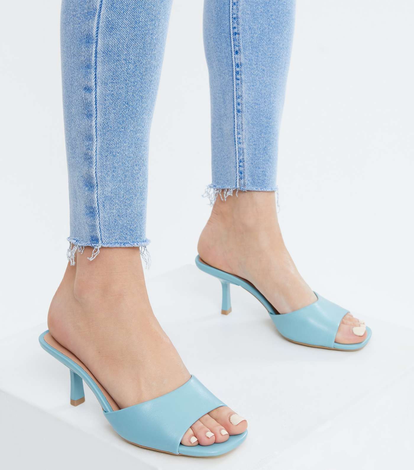Pale Blue Leather-Look Square Toe Kitten Heel Mules Image 2