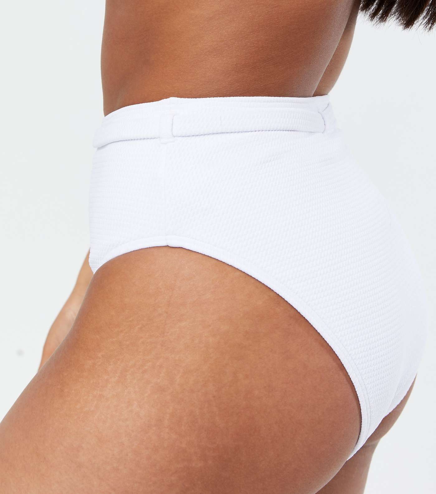 White Textured High Waist Belted Bikini Bottoms Image 3