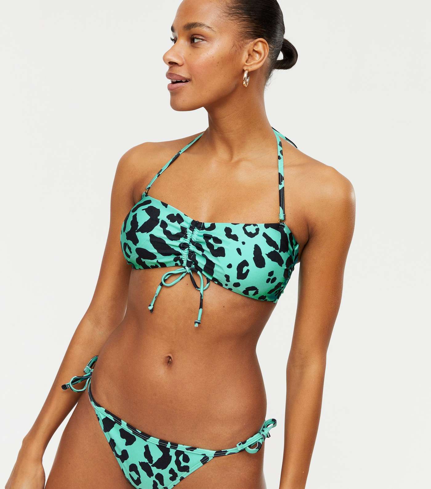 Blue Leopard Print Ruched Tie Front Bandeau Bikini Top