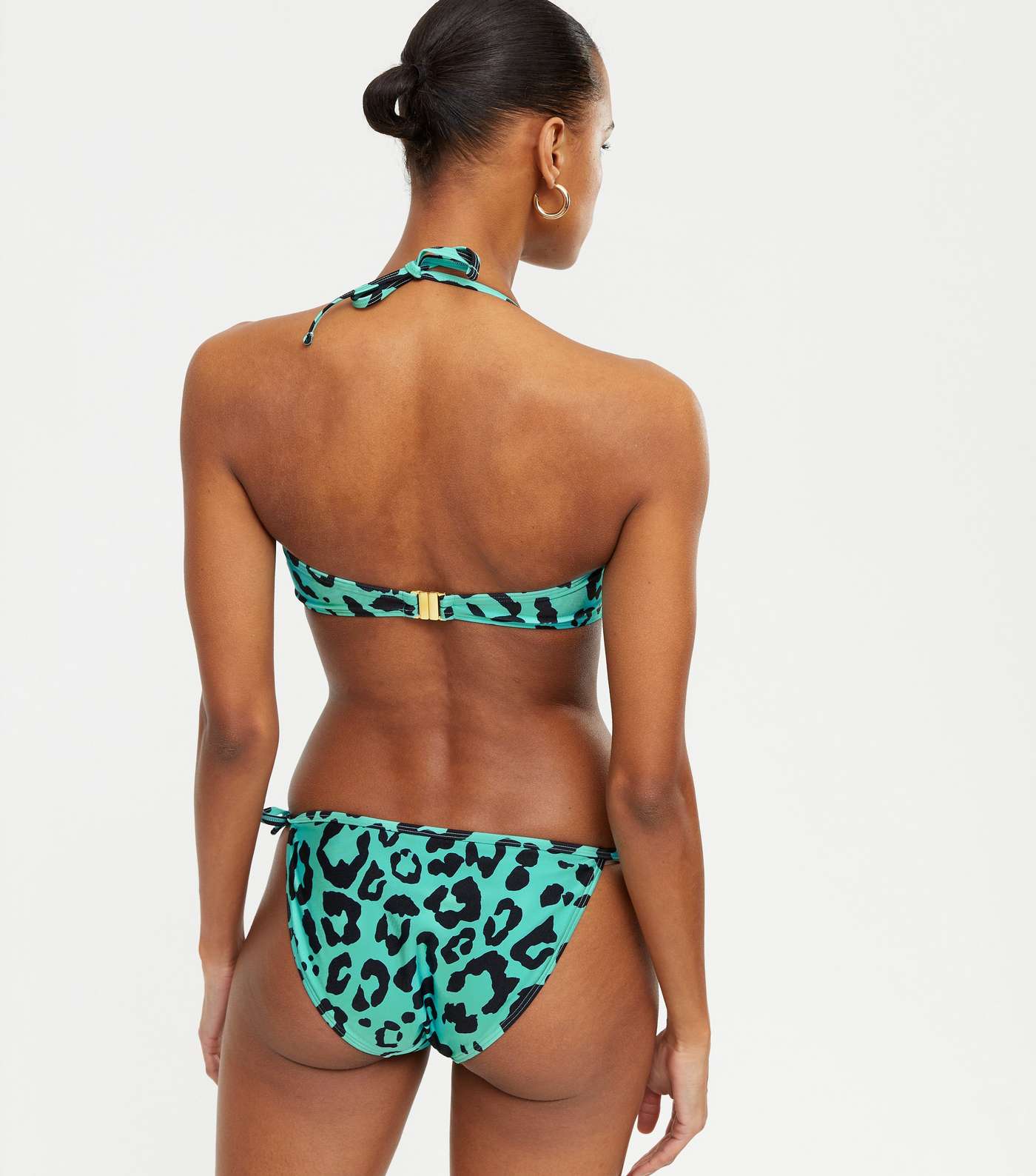 Blue Leopard Print Ruched Tie Front Bandeau Bikini Top Image 3