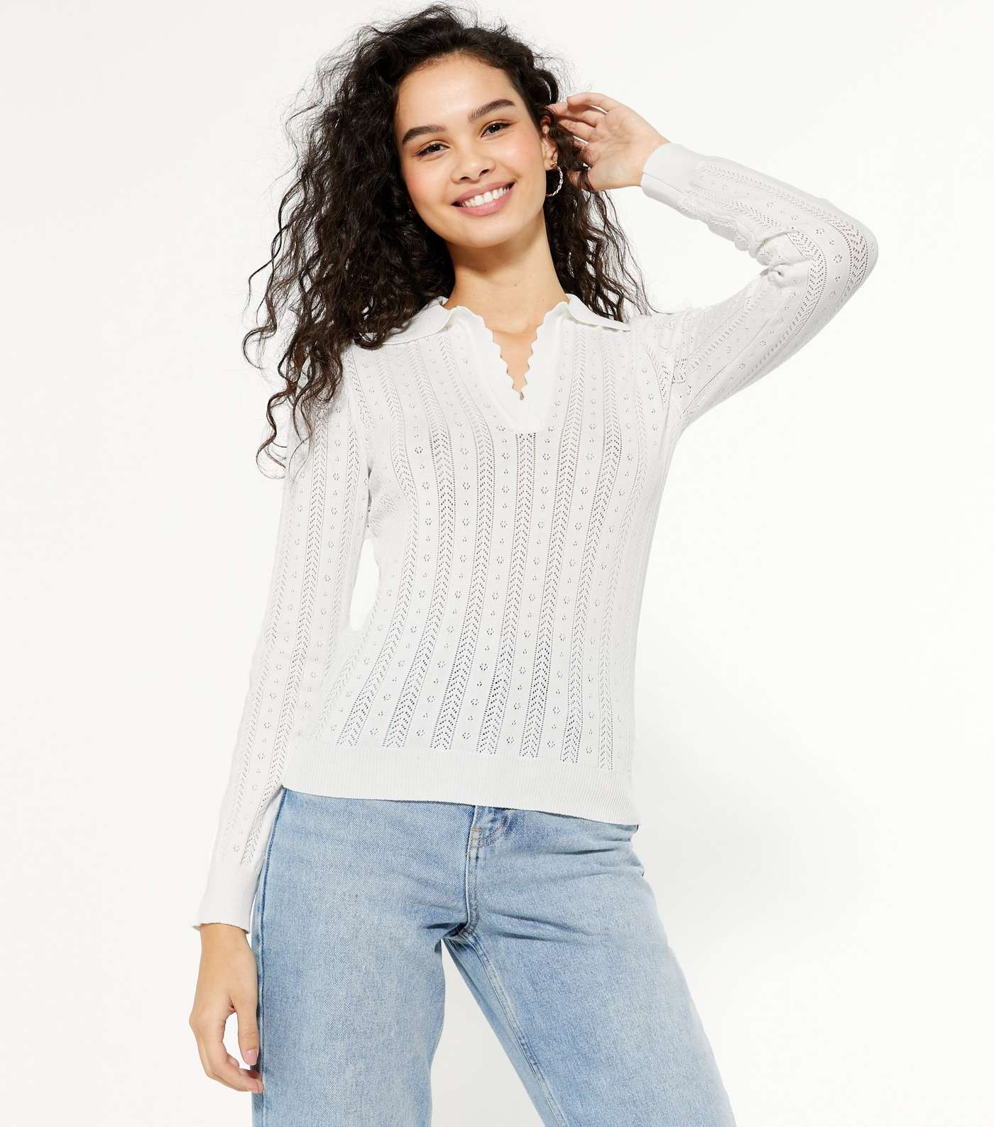 White Pointelle Knit Collared Jumper 